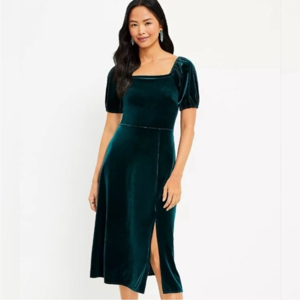 Loft NEW Green Velvet Puff Sleeve Midi Dress